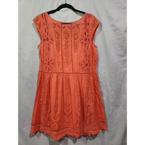 Meadow Rue Anthropologie Dress Sz‎ 4 Eyelet Coral Watermelon Ice Cap Sleeve Knee